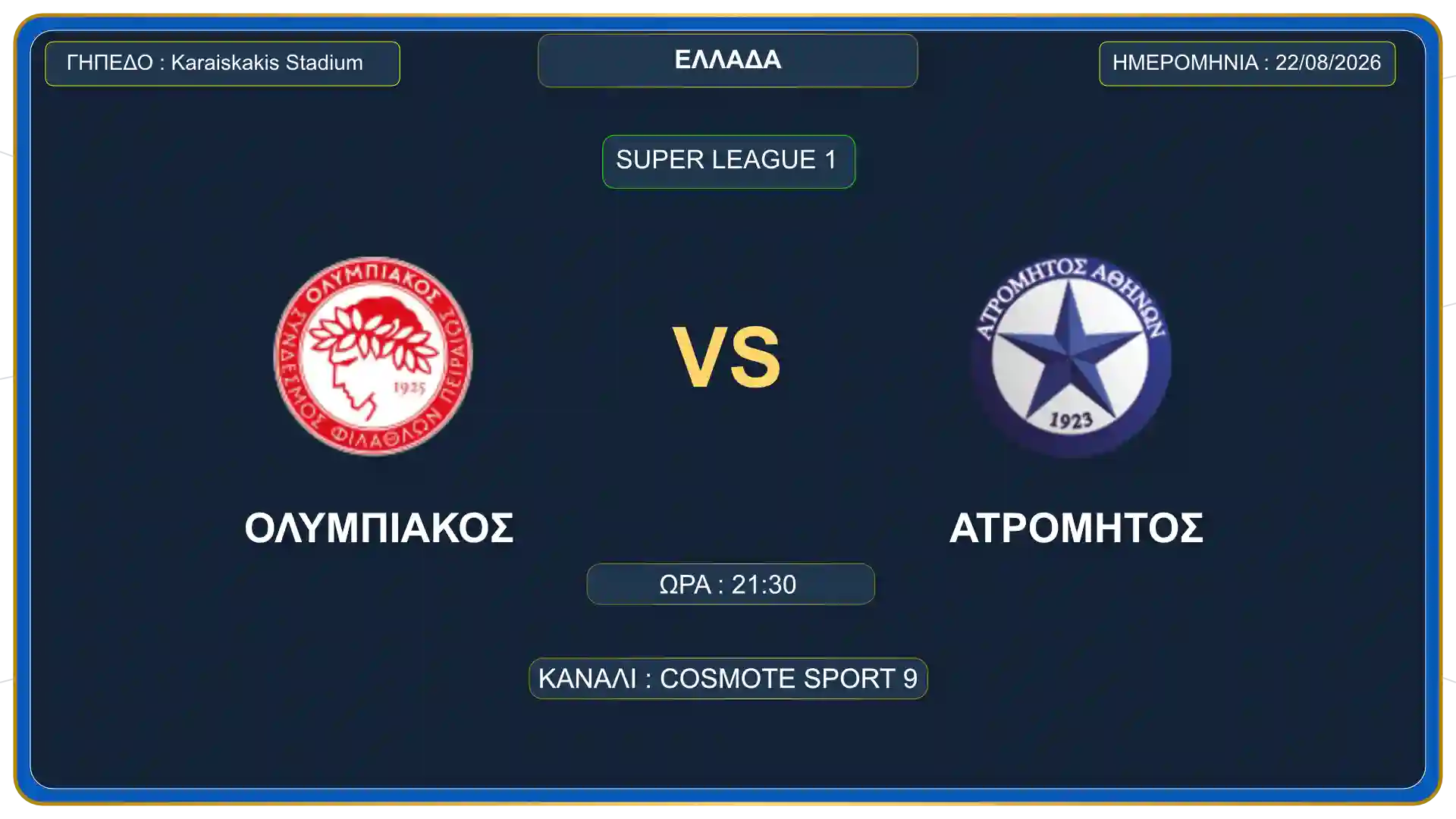 Κάρτα αγώνα Ολυμπιακός εναντίον Ατρόμητου για την 1η αγωνιστική της Stoiximan Super League στο γήπεδο Γ. Καραϊσκάκης.