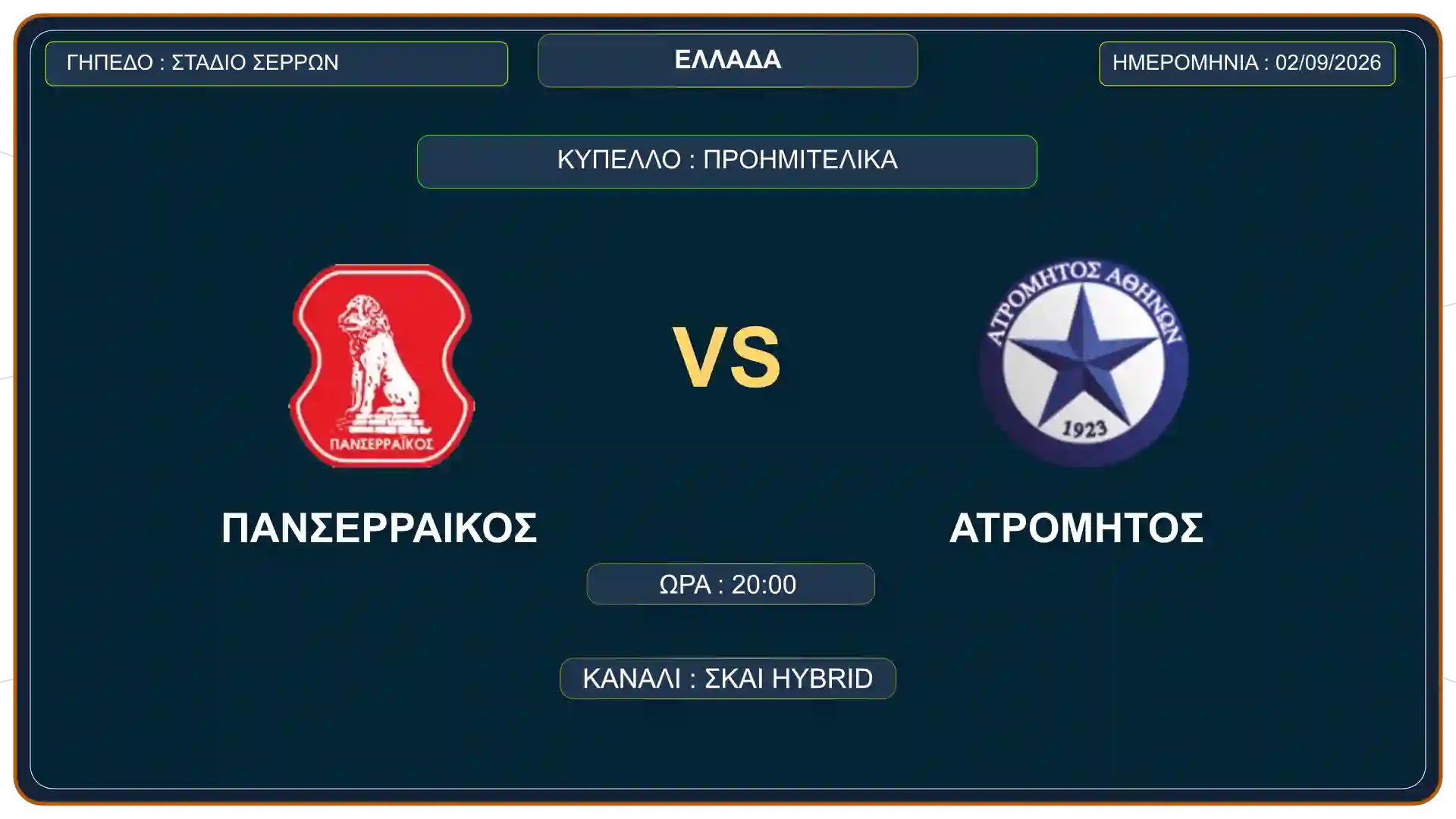 Κάρτα αγώνα Πανσερραϊκός εναντίον Ατρομήτου για το Κύπελλο Ελλάδας Superbet 2026-27